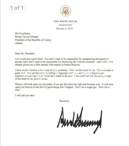 特朗普致信土耳其总统。（图片来源：美国白宫。）